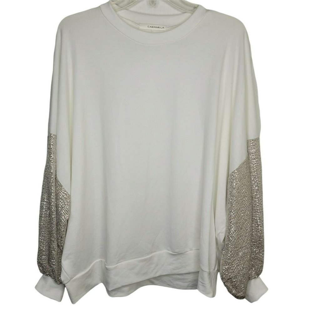 Caramela Women's Oversize White Sweater With Rose Gold Simmer Balloon Sleeve Lg